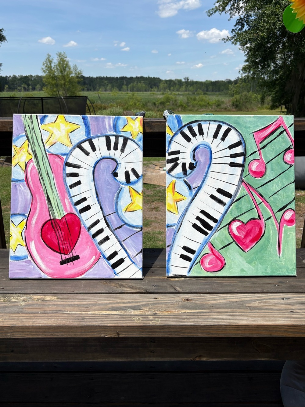 2- Hand-Painted Musical Hearts Canvas Art - Pink Blue Green Red Yellow & Purple